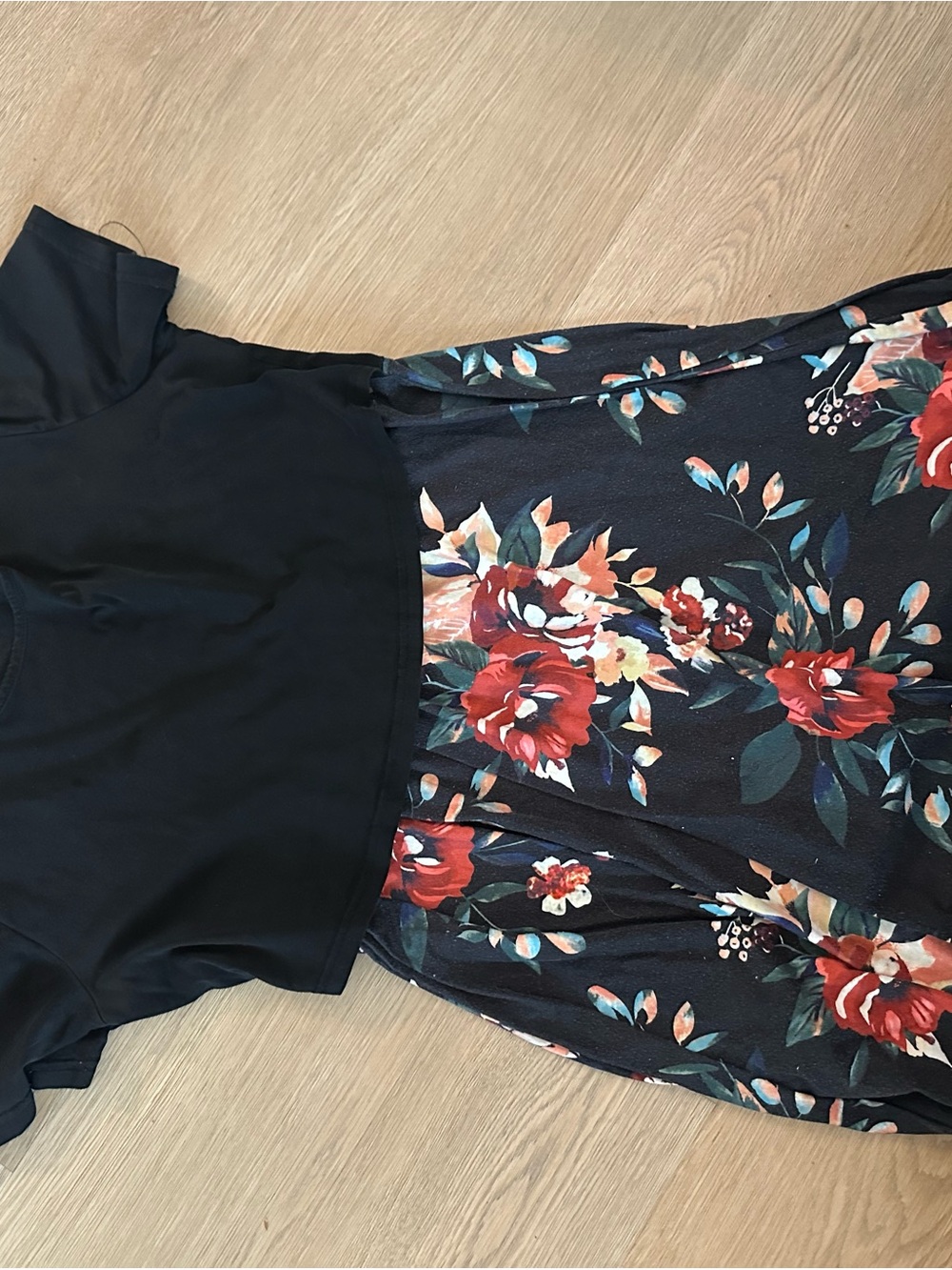 Nursing Black Floral Fit-and-Flare Dress with Red Blooms